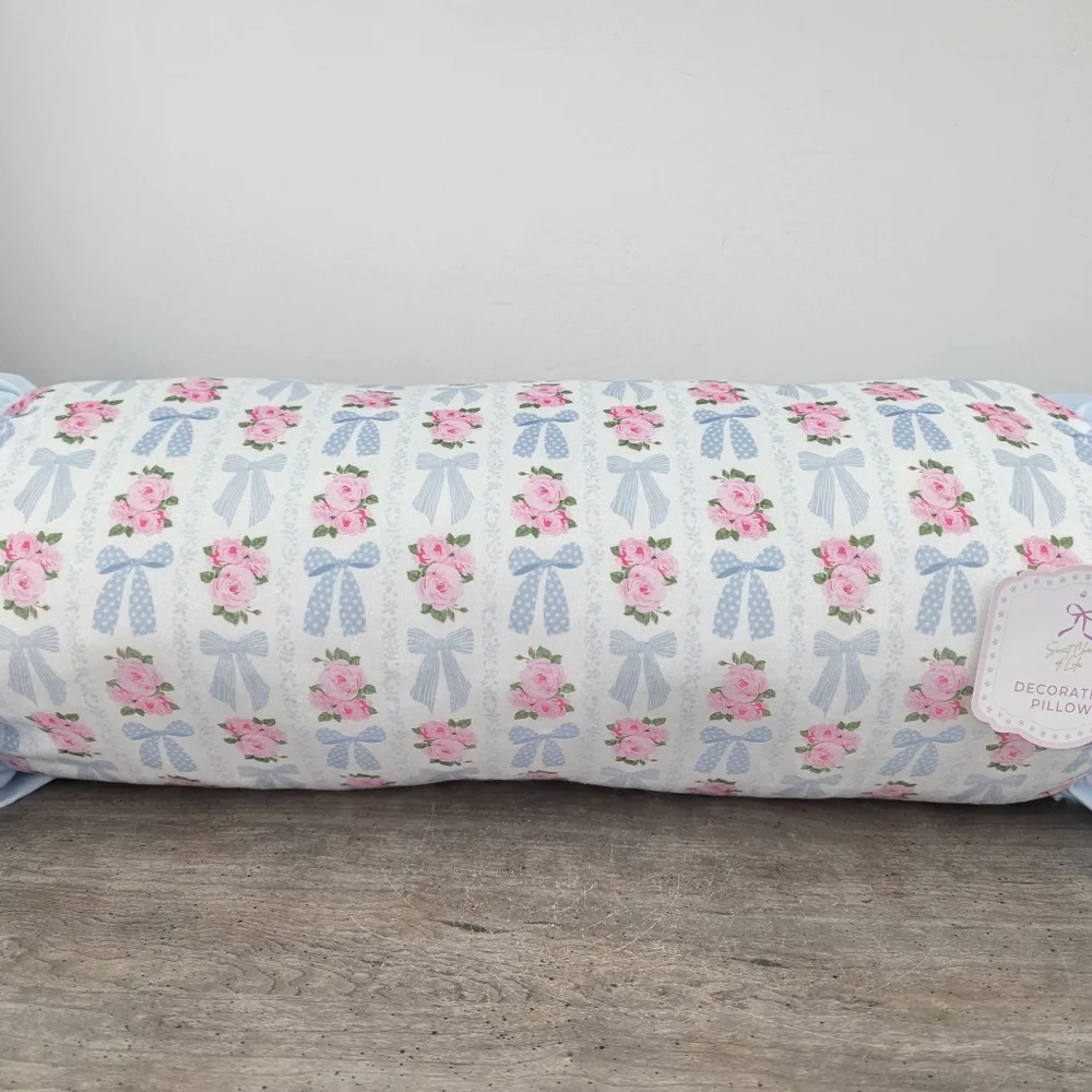Beautiful Pink Floral Blue Bow Decorative Pillow